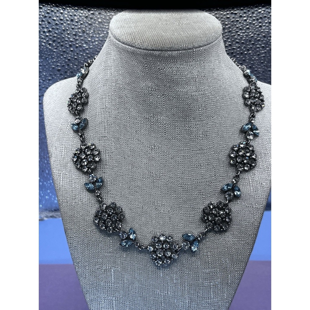 Vtg Aqua/clear Rhinestone Necklace Floral Silver‎ Tone AB Sparkle 17" W/ 2" Ext